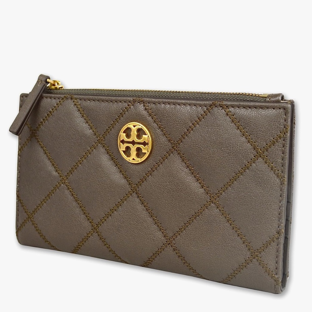 Tory Burch Quilted Zip Clutch in Olive Brown with Gold Logo